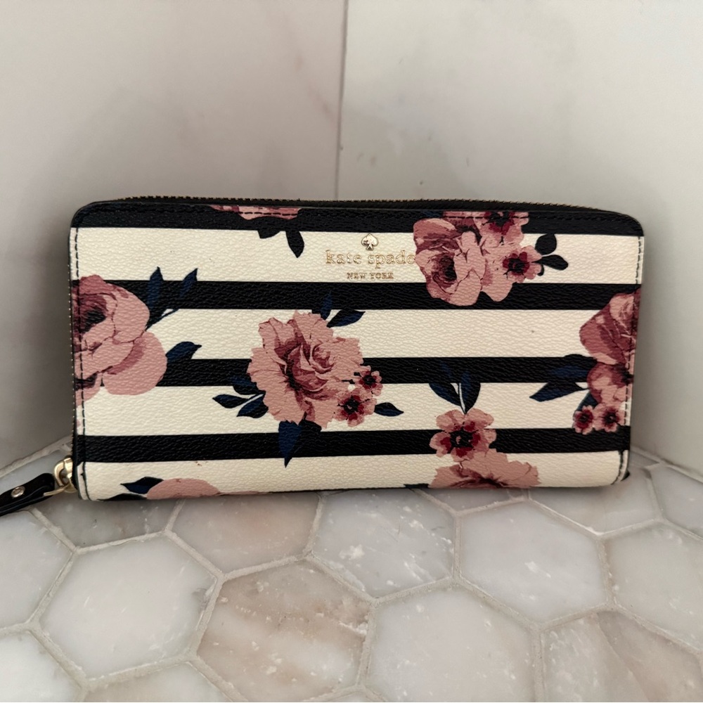 Kate Spade Striped Floral Wallet in Black and Pink